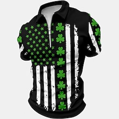 Men's Polo Shirt Golf Shirt St.Patrick's Day Holiday Lapel Quarter Zip Short Sleeve Fashion Comfortable Four Leaf Clover Stripe Quarter Zip Summer Regular Fit Black Polo Shirt Lightinthebox