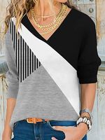 V-neck Casual Loose Stripe Print Stitching Long-sleeved T-shirt