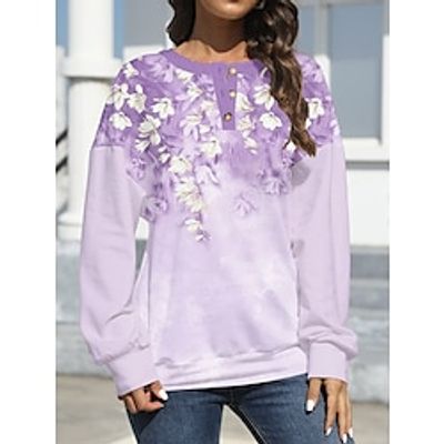 Women's Sweatshirt Pullover Floral Active Fashion Print Button Pink Blue Purple Casual Going out Round Neck Long Sleeve Micro-elastic Spring Lightinthebox