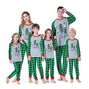 Family Christmas Pajamas Graphic Cartoon Home Print Deep Green Green Long Sleeve Mommy And Me Outfits Active Matching Outfits miniinthebox