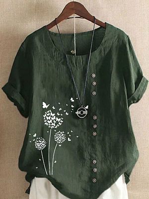Round Neck Casual Loose Dandelion Print Short-sleeved Blouse Round Neck Casual Loose Dandelion Print Short-sleeved Blouse