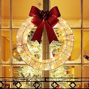 Christmas Front Door Hanging Garland With LED Light Red Bow Artificial Wreath, Xmas Decor miniinthebox