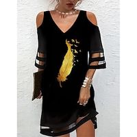 Women's Casual Dress Slip Dress Butterfly Feather Print Mesh V Neck Mini Dress Fashion Streetwear Outdoor Daily Half Sleeve Loose Fit Black Yellow Gold Fall Winter S M L XL XXL Lightinthebox - thumbnail