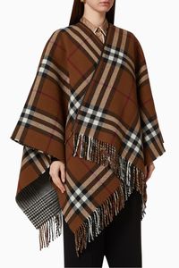 Reversible Lambskin Trim Check Wool Cape