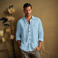 45% Linen Pocket Men's Shirt Guayabera Shirt Linen Shirt Button Up Shirt Black Blue Dark Blue Long Sleeve Plain Lapel Spring   Fall Outdoor Daily Clothing Apparel Lightinthebox - thumbnail