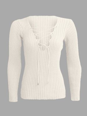 Beige Plunge Lace-up Knit Sweater with Long Sleeves Beige Plunge Lace-up Knit Sweater with Long Sleeves