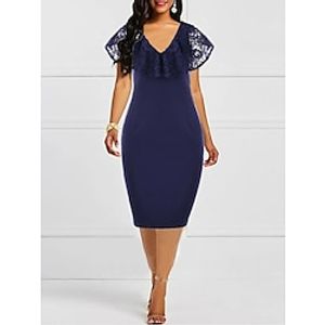 Women's Work Dress Sheath Dress Semi Formal Dress Fashion Midi Dress Patchwork V Neck Short Sleeve Plain Regular Fit Dark Blue Summer Spring M L XL XXL Lightinthebox