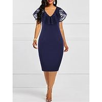 Women's Work Dress Sheath Dress Semi Formal Dress Fashion Midi Dress Patchwork V Neck Short Sleeve Plain Regular Fit Dark Blue Summer Spring M L XL XXL Lightinthebox - thumbnail