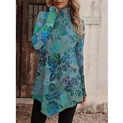 Women's T shirt Tee Green Floral Asymmetrical Print Long Sleeve Holiday Weekend Fashion High Neck Regular Fit Floral Painting Spring   Fall Lightinthebox