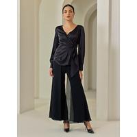 Satin Tuxedo Formal Party Lantern Sleeve Black Elegant V Neck Blouse Chiffon Full Length Elegant Casual Daily Pants Two Piece Sets