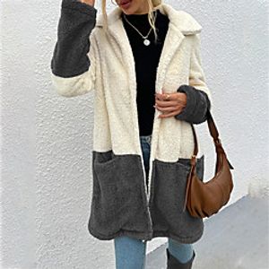 Women's Coat Street Daily Fall Winter Long Coat Regular Fit Windproof Warm Casual Jacket Long Sleeve Color Block Fur Trim Khaki Dark Grey Brown miniinthebox