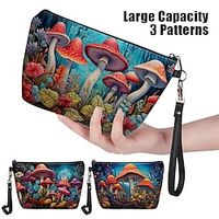 Women's Makeup Bag Pen Bag Wristlet Cosmetic Bag Mushroom Pattern PU Leather Daily Holiday Travel Print Large Capacity Lightweight Durable Plant Blue miniinthebox