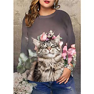 Women's Plus Size Tops Pullover Sweatshirt Cat Graphic Animal Print Long Sleeve Crewneck Streetwear Fall Winter Gray Green Big Size XL XXL 3XL 4XL 5XL Lightinthebox