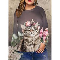 Women's Plus Size Tops Pullover Sweatshirt Cat Graphic Animal Print Long Sleeve Crewneck Streetwear Fall Winter Gray Green Big Size XL XXL 3XL 4XL 5XL Lightinthebox - thumbnail