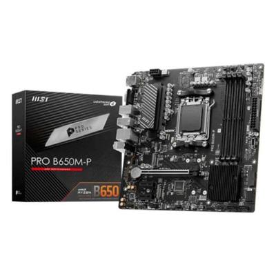 MSI Pro B650M-P AM5 mATX Motherboard, AMD B650 Chipset, 4x DDR5 Slots, 192GB Max Memory, 1x PCI-E x16, 2x M.2 Storage Slot, 4x SATA 6G, Realtek 8125BG 2.5G LAN, HDMI, DP, VGA