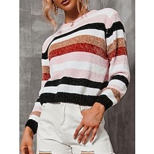 Women's Pullover Sweater Jumper Jumper Ribbed Knit Patchwork Striped Crew Neck Stylish Casual Outdoor Daily Summer Fall Pink Gray S M L miniinthebox