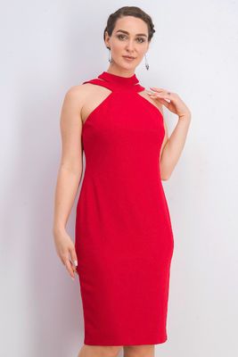 Womens Strappy Mock Neck Crepe Halter Sheath Dress Red Womens Strappy Mock Neck Crepe Halter Sheath Dress Red