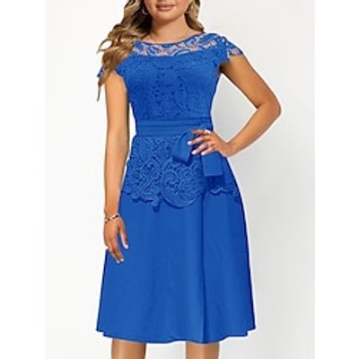 Women's Party Dress Black Dress Lace Dress Wedding Guest Dress Midi Dress Wine Blue Short Sleeve Pure Color Lace Spring Fall Winter Crew Neck Evening Party 2023 S M L XL Lightinthebox