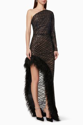 Lola One Sleeve Noir Gown with Ostrich Features Lola One Sleeve Noir Gown with Ostrich Features