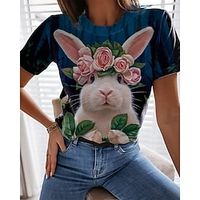 Women's T shirt Tee Floral Animal Weekend Easter White Navy Blue Blue Print Short Sleeve Fashion Round Neck Regular Fit Summer Lightinthebox