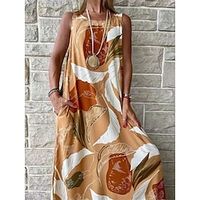 Women's Casual Dress Tank Dress Floral Leaf Print Crew Neck Long Dress Maxi Dress Bohemia Streetwear Holiday Vacation Sleeveless Loose Fit Black White Yellow Summer S M L XL 2XL Lightinthebox