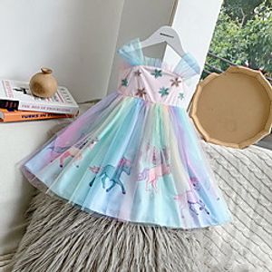 Kids Little Girls' Dress Unicorn Animal Mesh Print Blue Blushing Pink Knee-length Sleeveless Basic Tutus  Skirts Dresses Summer Regular Fit 3-8 Years miniinthebox