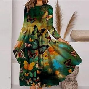 Women's Casual Dress Swing Dress Midi Dress Midi Dress Green Khaki Long Sleeve Animal Pocket Winter Fall Autumn Round Neck Vacation Winter Dress Fall Dress 2023 S M L XL XXL 3XL miniinthebox