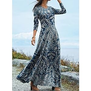 Women's A Line Dress Maxi long Dress Blue 34 Length Sleeve Print Print Fall Winter U Neck Casual 2022 S M L XL XXL 3XL  Cotton Lightinthebox