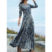 Women's A Line Dress Maxi long Dress Blue 34 Length Sleeve Print Print Fall Winter U Neck Casual 2022 S M L XL XXL 3XL  Cotton Lightinthebox - thumbnail