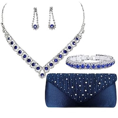 Bridal Jewelry Set of Four Blue Zircon Necklaces Earrings Bracelets Satin Hot Diamonds Handheld Bag Dinner Bag Lightinthebox