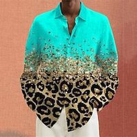 Leopard Casual Men's Shirt Linen Shirt Daily Wear Going out Weekend Fall  Winter Turndown Long Sleeve Blue S, M, L Slub Fabric Shirt Lightinthebox - thumbnail