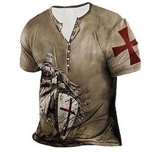 Men's Henley Shirt T shirt Tee Tee Graphic Templar Cross Soldier Henley Blue Yellow Brown Coffee Gray 3D Print Plus Size Outdoor Daily Short Sleeve Button-Down Print Clothing Apparel Basic Designer miniinthebox