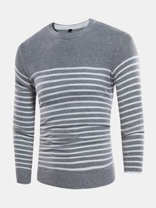 Mens Fall Winter Fashion Striped Printed Knitted Round Neck Long Sleeve Casual Sweater