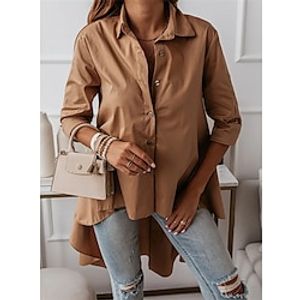 Women's Shirt Blouse Plain White Pink Khaki Button Asymmetric Long Sleeve Work Fashion Shirt Collar Regular Fit Spring   Fall Lightinthebox