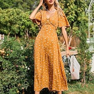 Women's A Line Dress Maxi long Dress Yellow Short Sleeve Floral Strappy Print Fall Summer V Neck Stylish Fashion Modern 2022 S M L XL miniinthebox