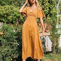 Women's A Line Dress Maxi long Dress Yellow Short Sleeve Floral Strappy Print Fall Summer V Neck Stylish Fashion Modern 2022 S M L XL miniinthebox - thumbnail