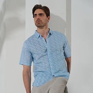 100% Linen Men's Shirt Linen Shirt Beach Shirt Blue Short Sleeve Argyle Lapel Summer Outdoor Daily Clothing Apparel Lightinthebox