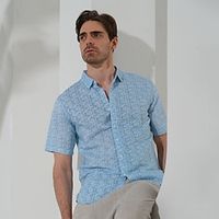 100% Linen Men's Shirt Linen Shirt Beach Shirt Blue Short Sleeve Argyle Lapel Summer Outdoor Daily Clothing Apparel Lightinthebox - thumbnail