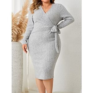 Women's Plus Size Work Dress Casual Dress Sheath Dress Fashion Winter Dress Daily Midi Dress Lace up V Neck Long Sleeve Plain Regular Fit Gray Fall Winter XL XXL 3XL 4XL Lightinthebox