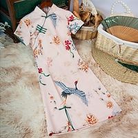 Women's Bodycon Short Mini Dress Pink Short Sleeve Floral Embroidery Animal Embroidered Split Print Spring Summer Mandarin Collar Elegant Vintage Traditional 2022 S M L XL XXL 3XL miniinthebox - thumbnail