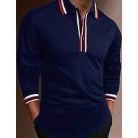 Men's Polo Shirt Button Up Polos Casual Sports Lapel Long Sleeve Fashion Basic Plain Stripes Button Splice Spring   Fall Regular Fit Navy Blue Polo Shirt Lightinthebox - thumbnail