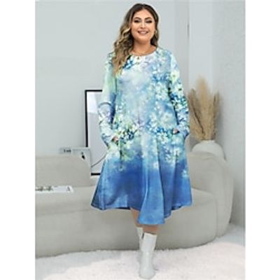 Women's Plus Size Curve Casual Dress Winter Dress T Shirt Dress Tee Dress Floral Midi Dress Long Sleeve Pocket Print Crew Neck Fashion Outdoor Yellow Blue Fall Winter L XL 2XL 3XL 4XL Lightinthebox