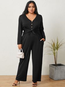 YOINS Plus Size V-neck Side Pockets Tie-up Design Long Sleeves Jumpsuit