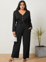 YOINS Plus Size V-neck Side Pockets Tie-up Design Long Sleeves Jumpsuit - thumbnail