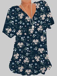 V Neck Flower Print Short Sleeve T-shirt