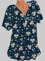 V Neck Flower Print Short Sleeve T-shirt - thumbnail