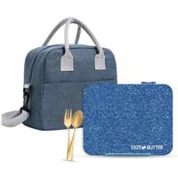 Eazy Kids 6 & 4 Convertible Bento Lunch Box With Lunch Bag And Spoon Fork Set - Glitter Blue