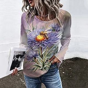 Women's T shirt Tee Purple Floral Print Long Sleeve Holiday Weekend Basic Round Neck Regular Floral Painting S Lightinthebox