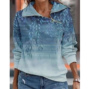Women's Sweatshirt Pullover Active Sportswear Quarter Zip Blue Floral Casual Sports V Neck Long Sleeve Top Micro-elastic Fall  Winter Lightinthebox