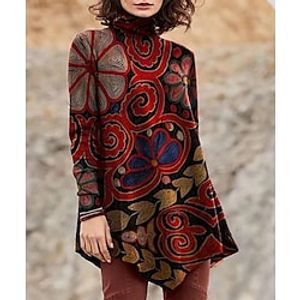 Women's Tunic Shirts T shirt Tee Tunic Red Graphic Print Long Sleeve Casual Daily Basic High Neck Long Abstract Painting S miniinthebox